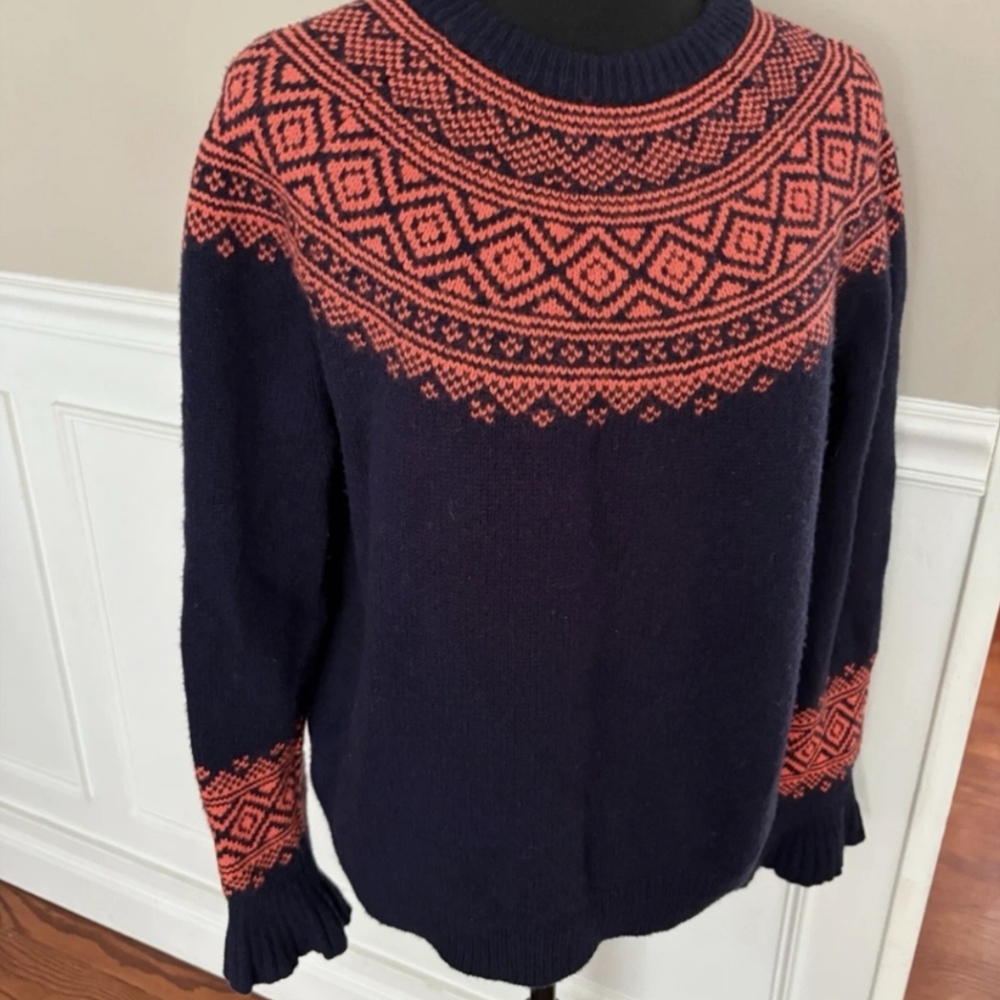J. Crew Women Fair Isle Sweater Merino Wool Blend Ruffle Sleeve Navy Orange. XXS